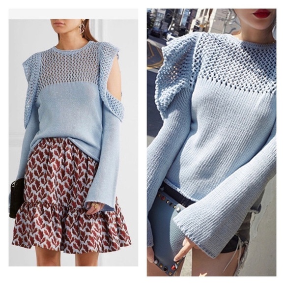 PHILOSOPHY DI LORENZO SERAFINI Blue Cotton Ruffle Cold Shoulder Sweater Size US2 - Picture 1 of 11